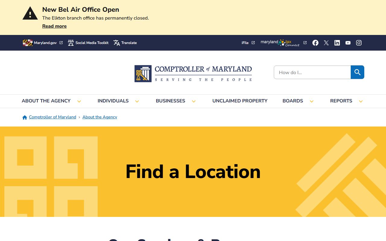 Maryland Comptroller field office locations including Wheaton unclaimed property