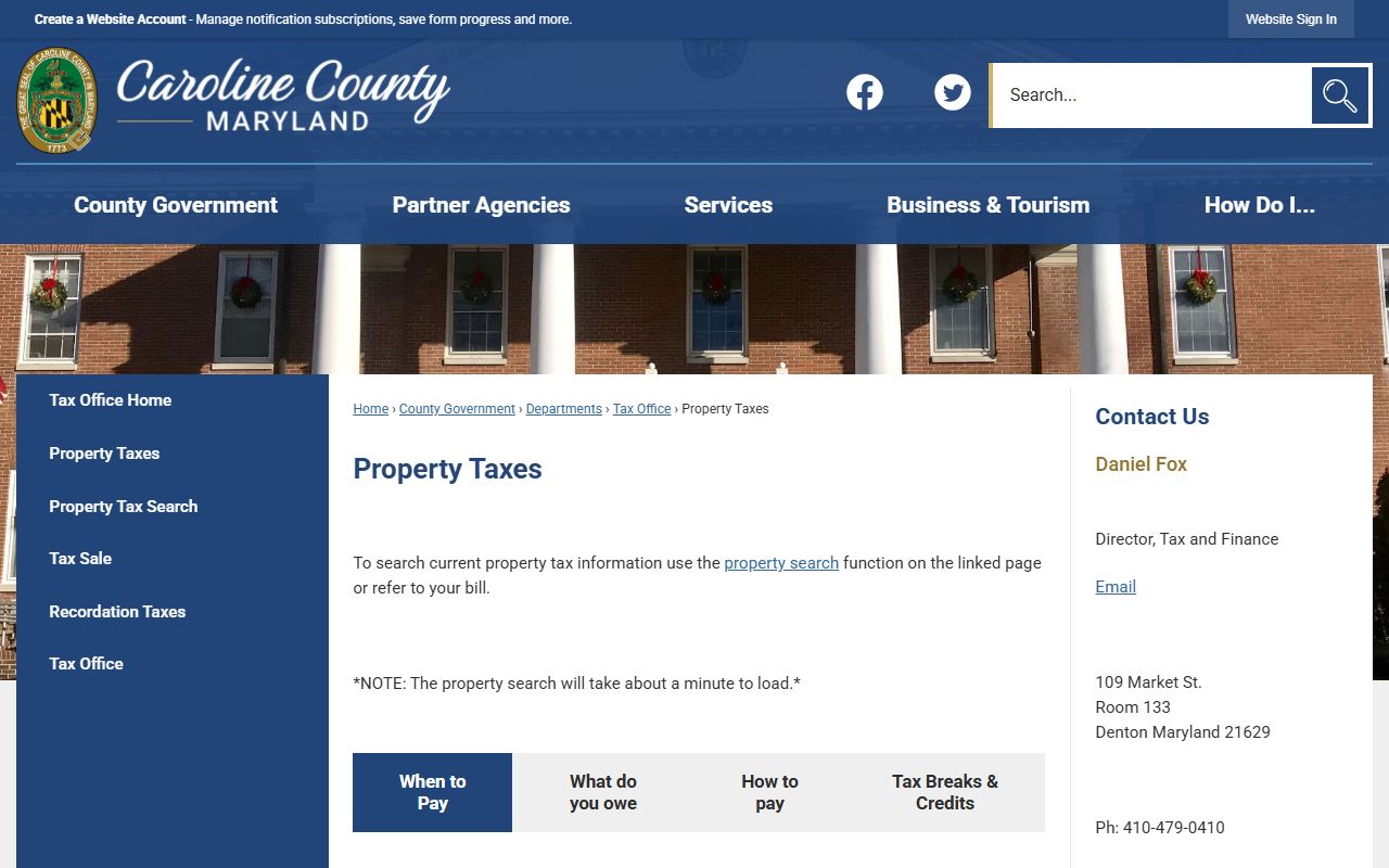Caroline County property taxes page with Caroline County unclaimed property details