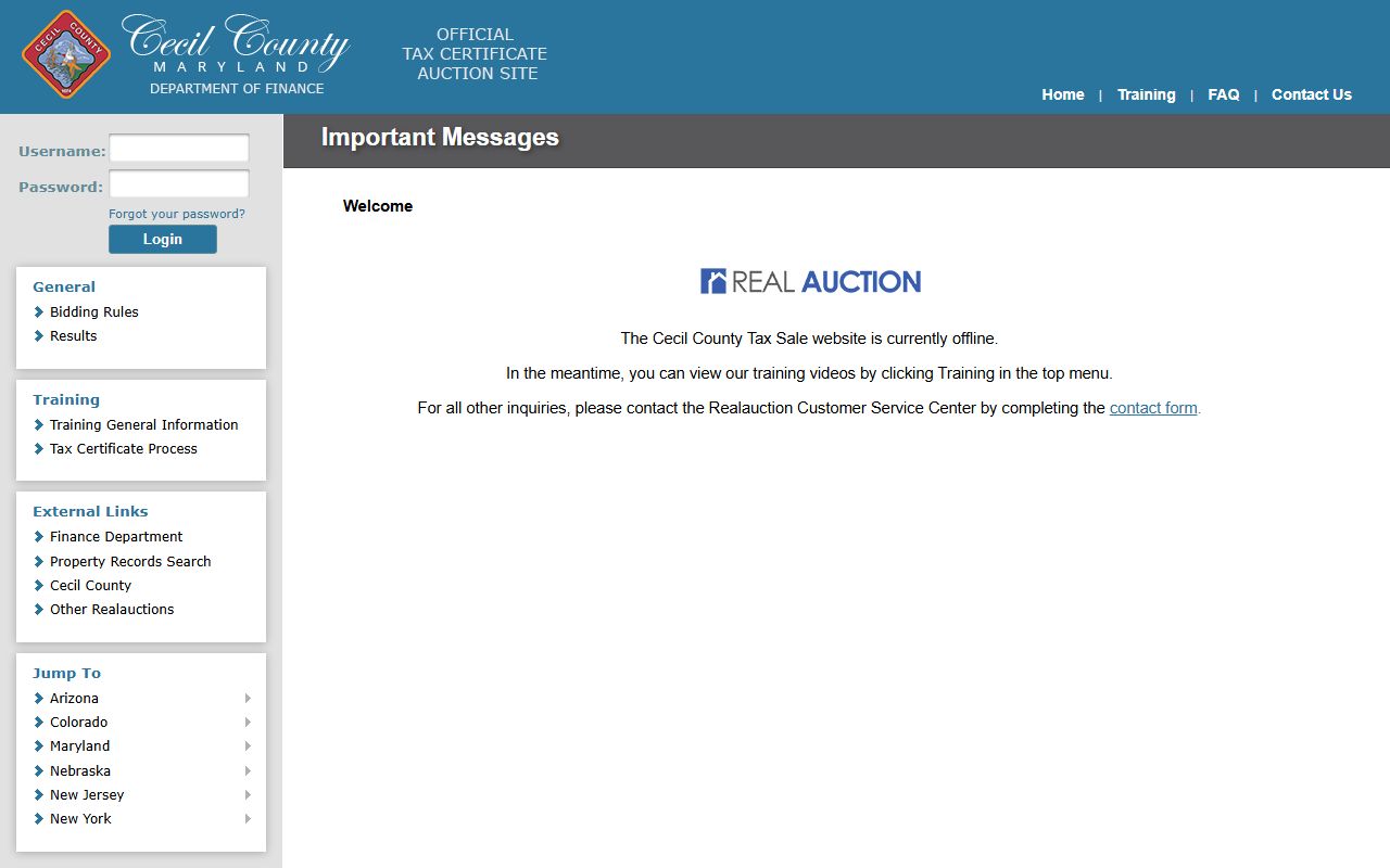 Cecil County RealAuction tax sale portal for Cecil County unclaimed property research