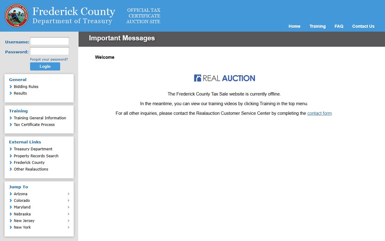 Frederick County RealAuction tax sale portal Frederick County unclaimed money