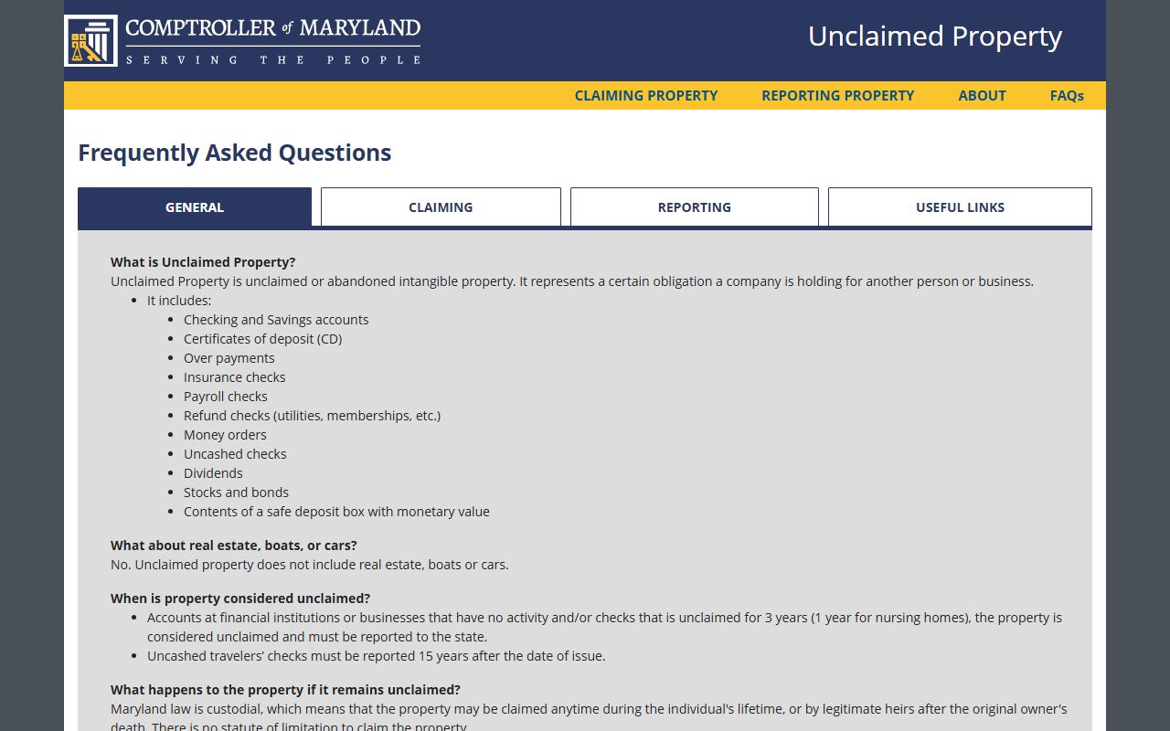 Maryland Comptroller unclaimed money FAQ page with common claim questions
